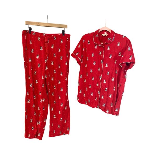LOFT Sleep Red Dog Print Pajama Set Size M Cotton Viscose Button Top Pants - Picture 2 of 9